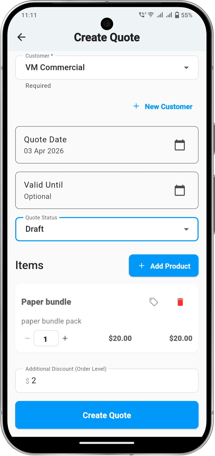 Create quote screen